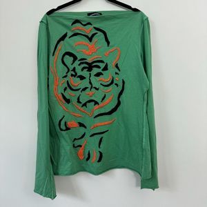 Till the End Women's Tiger Silhouette Print Long Sleeve Casual Emerald Green T-s